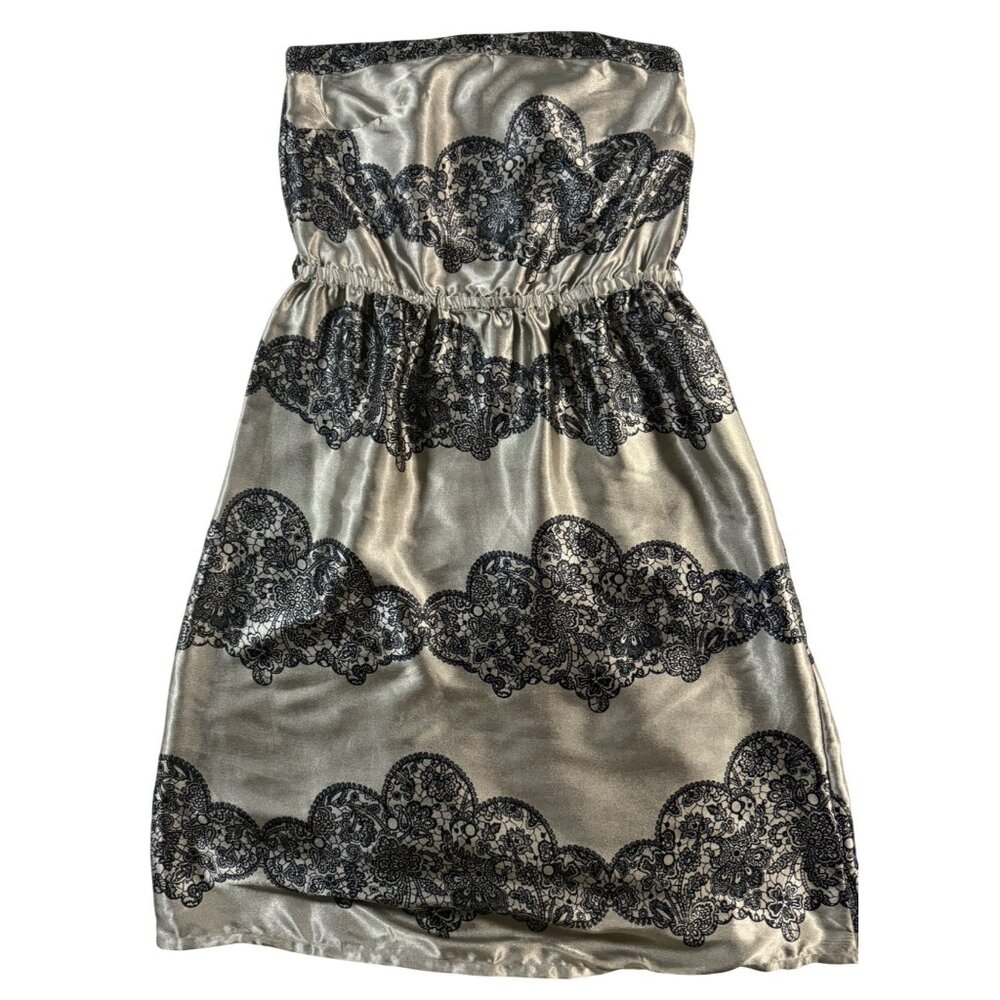 Strapless Satin Dress With Black Lace Print Size 10 Topshop Whimsigoth Glam Soft